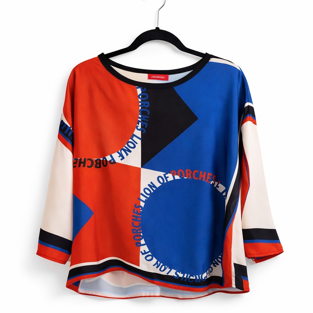 👚Lion of Porches Geometric Silk-Feel Blouse | Red Blue Graphic Top | Size M/L